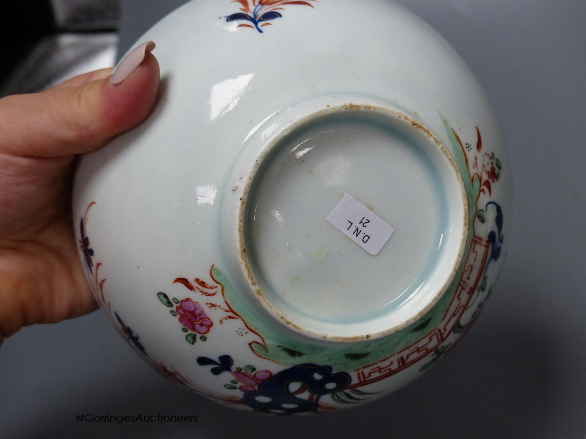 Lowestoft bowl painted in Redgrave style with Two Birds pattern and another painted with a chrysanthemum, fence and a holed rock, 16cm diameter